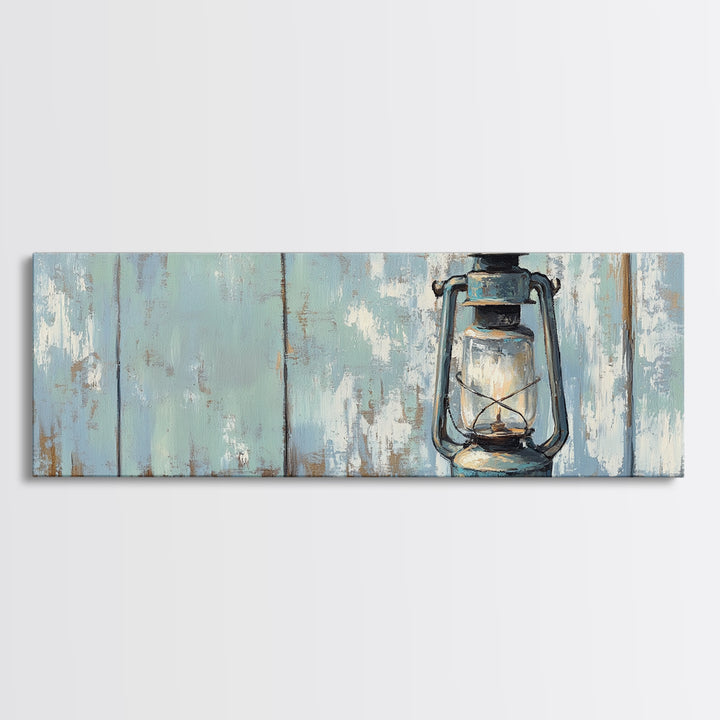 Blue Kerosene Lantern On Weathered Wood Framed Canvas Print, Rustic Wall Art, Coastal Decor, Farmhouse Home Decor, Housewarming Gift