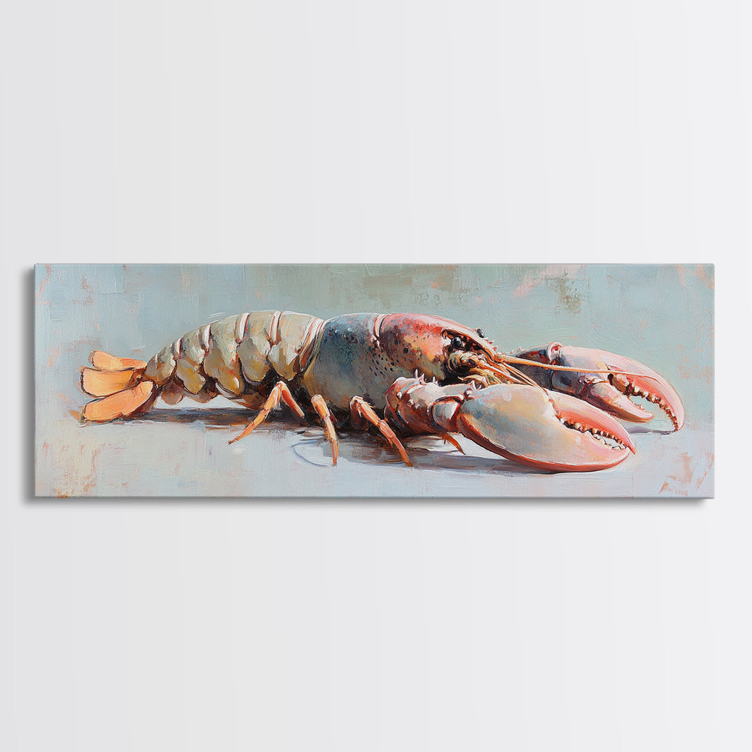 Realistic Lobster On Blue Table Canvas Print, Coastal Kitchen Wall Art, Seafood Decor, Nautical Home Decor, Beach House Gift