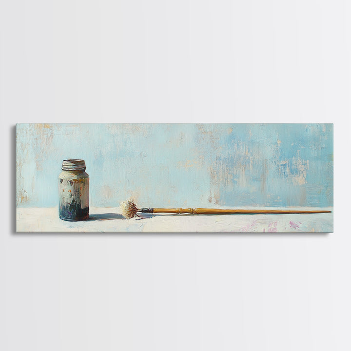 Rustic Paint Jar And Brush Canvas Print, Artist Studio Wall Decor, Minimal Still Life Art Print, Creative Office Decor Gift