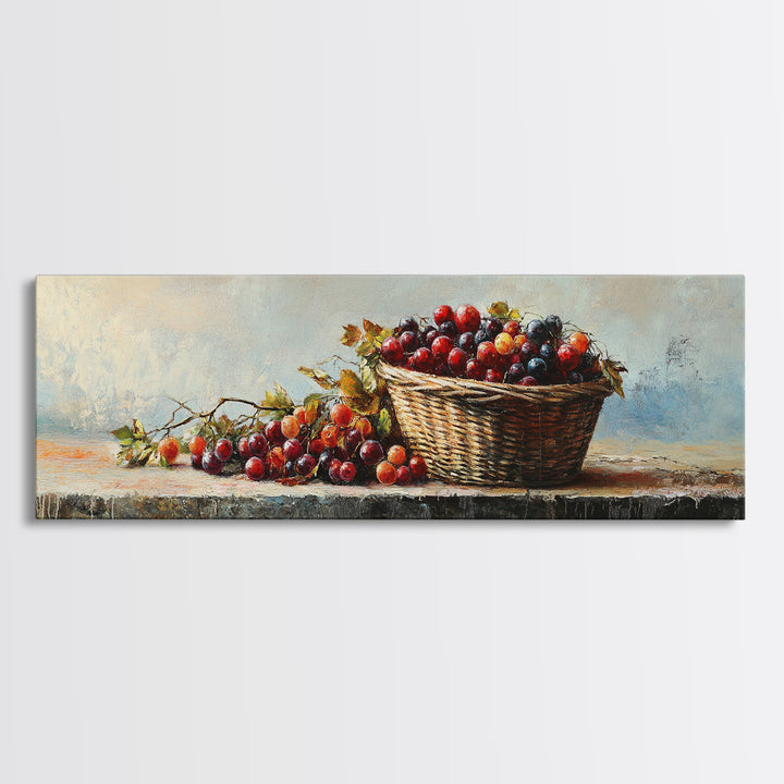 Basket Of Red Cherries Still Life Wall Art, Rustic Kitchen Decor, Fruit Painting Print, Farmhouse Dining Room Wall Decor