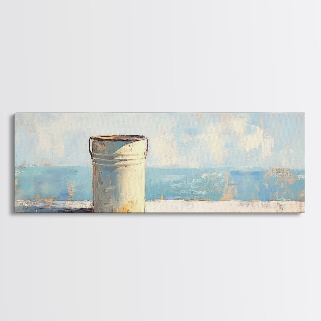 White Enamel Pail By The Sea Canvas Print, Coastal Farmhouse Wall Decor, Beach House Art, Rustic Nautical Kitchen Decor Print