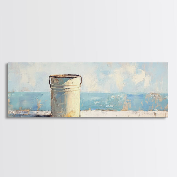 White Enamel Pail By The Sea Canvas Print, Coastal Farmhouse Wall Decor, Beach House Art, Rustic Nautical Kitchen Decor Print
