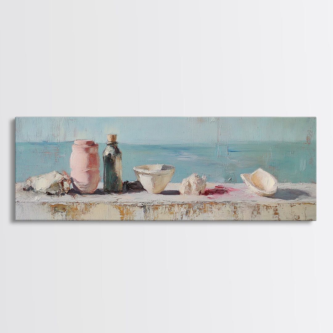 Coastal Seashell Still Life Wall Art, Beach House Canvas Print, Ocean Bathroom Decor, Nautical Kitchen Art, Gift For Her