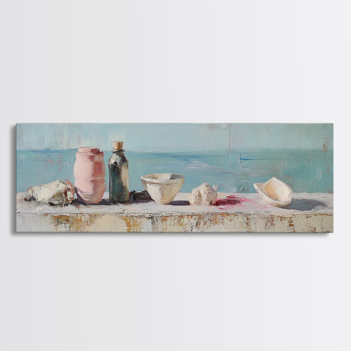 Coastal Seashell Still Life Wall Art, Beach House Canvas Print, Ocean Bathroom Decor, Nautical Kitchen Art, Gift For Her