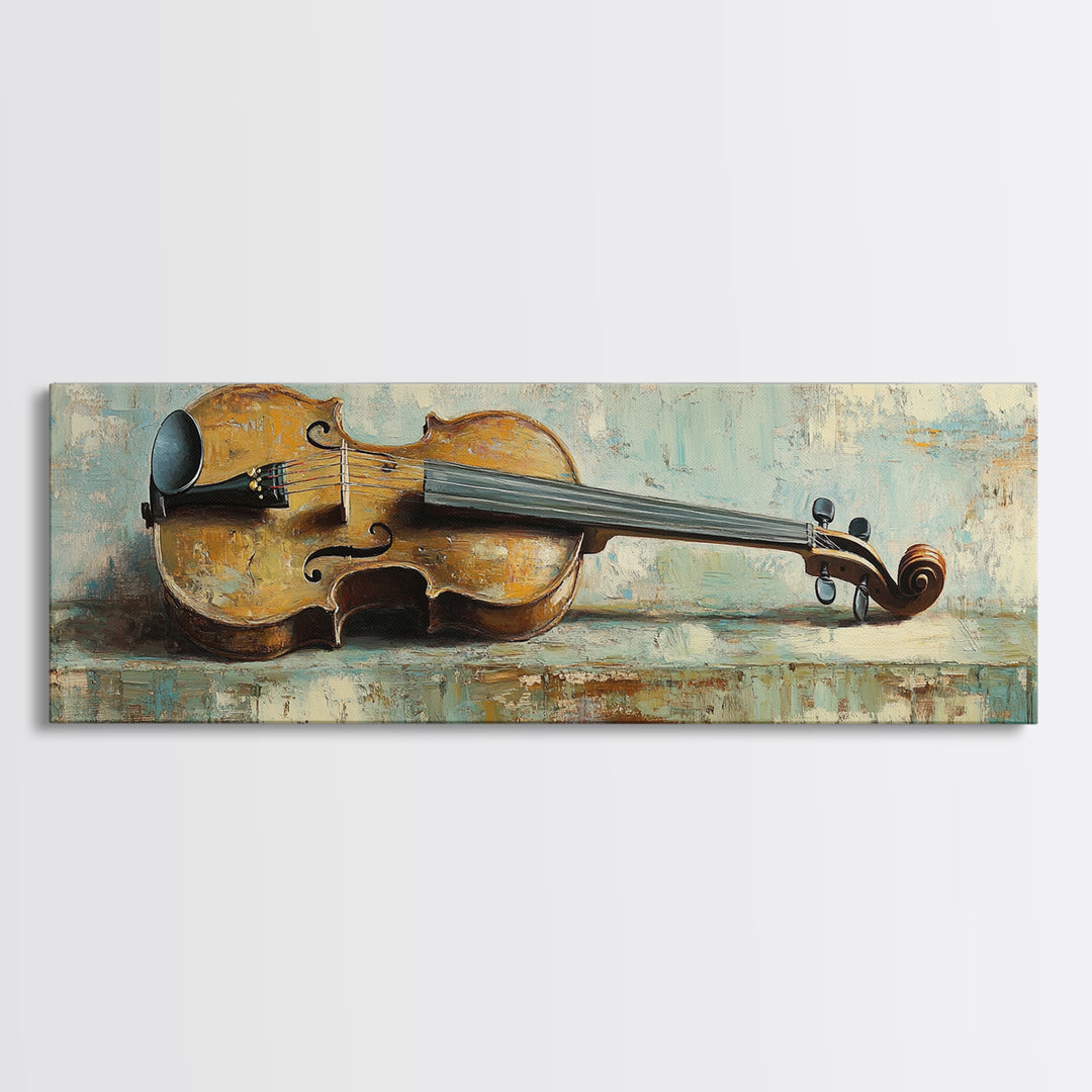 Antique Violin On Weathered Blue Table Framed Canvas Print, Music Room Wall Art, Rustic Studio Decor, Gifts For Musicians
