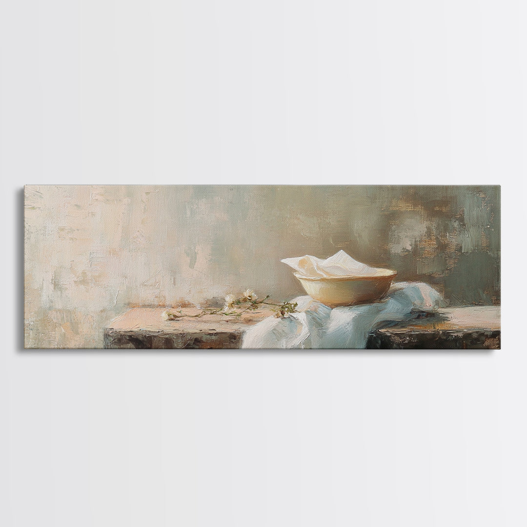 White Bowl Still Life On Linen Canvas Print, Minimalist Kitchen Wall Art, Neutral Wabi Sabi Decor, Calm Dining Room Print