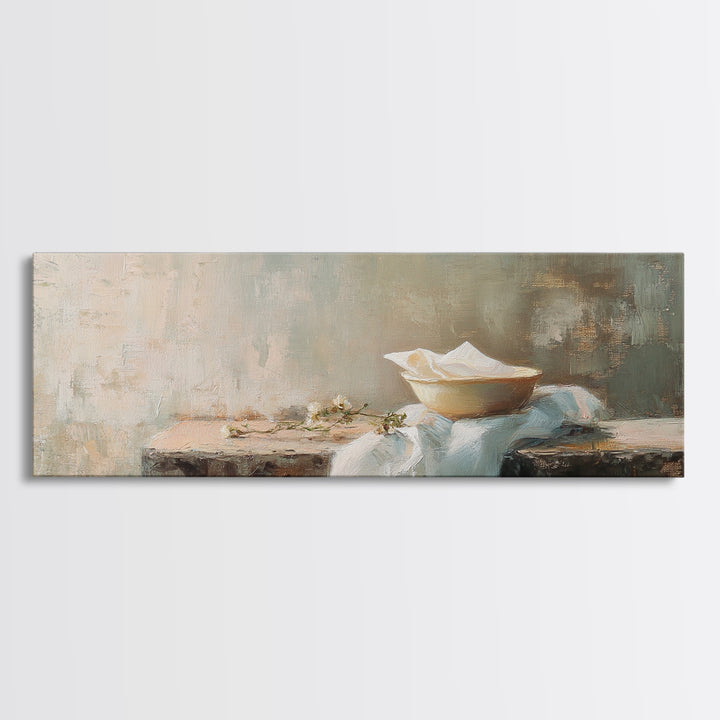 White Bowl Still Life On Linen Canvas Print, Minimalist Kitchen Wall Art, Neutral Wabi Sabi Decor, Calm Dining Room Print