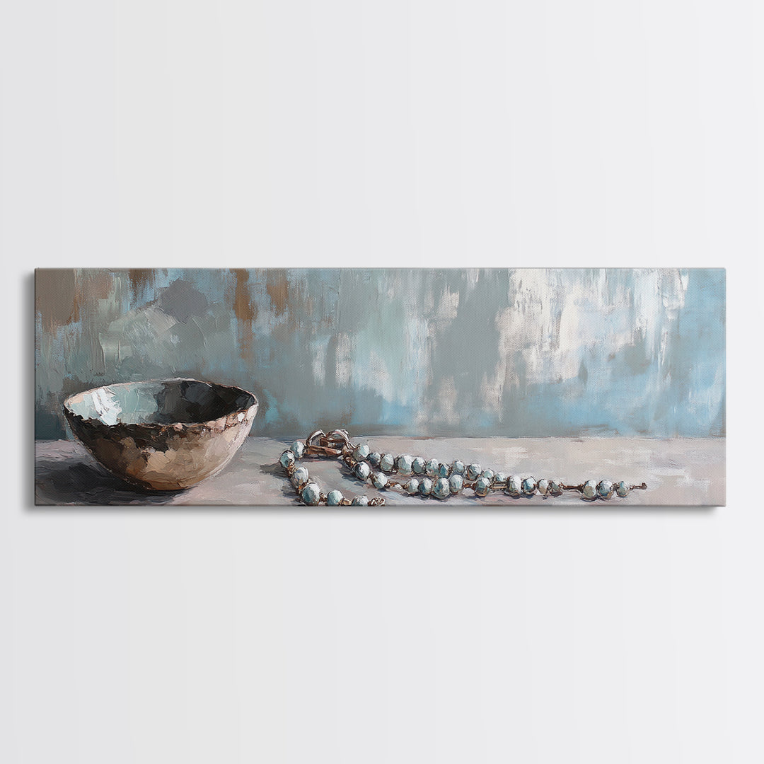 Rustic Bowl And Turquoise Beads Still Life Wall Art, Neutral Blue Home Decor, Wabi Sabi Canvas Art, Minimalist Office Decor