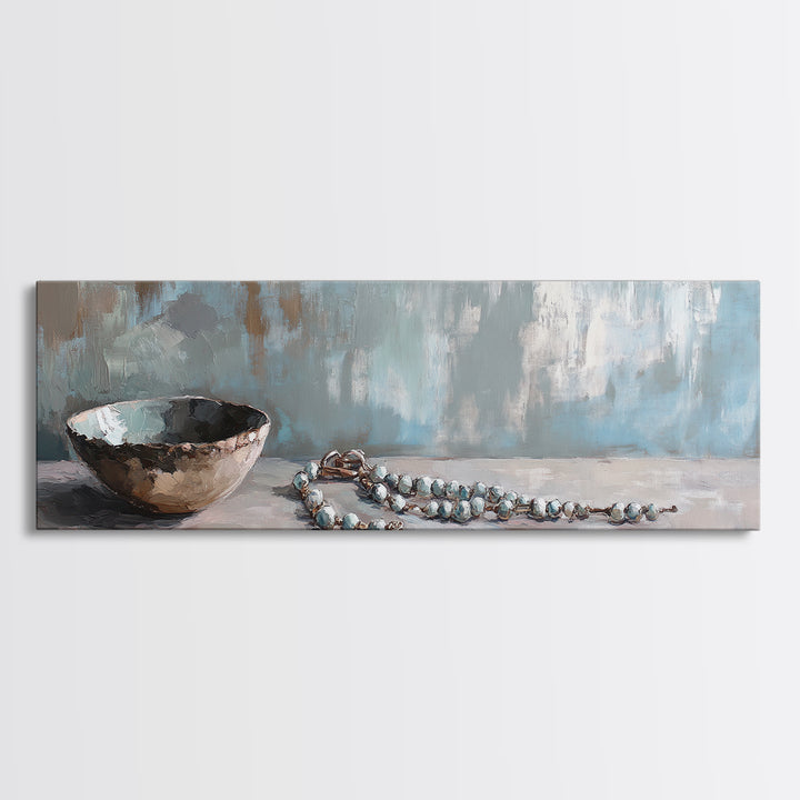 Rustic Bowl And Turquoise Beads Still Life Wall Art, Neutral Blue Home Decor, Wabi Sabi Canvas Art, Minimalist Office Decor
