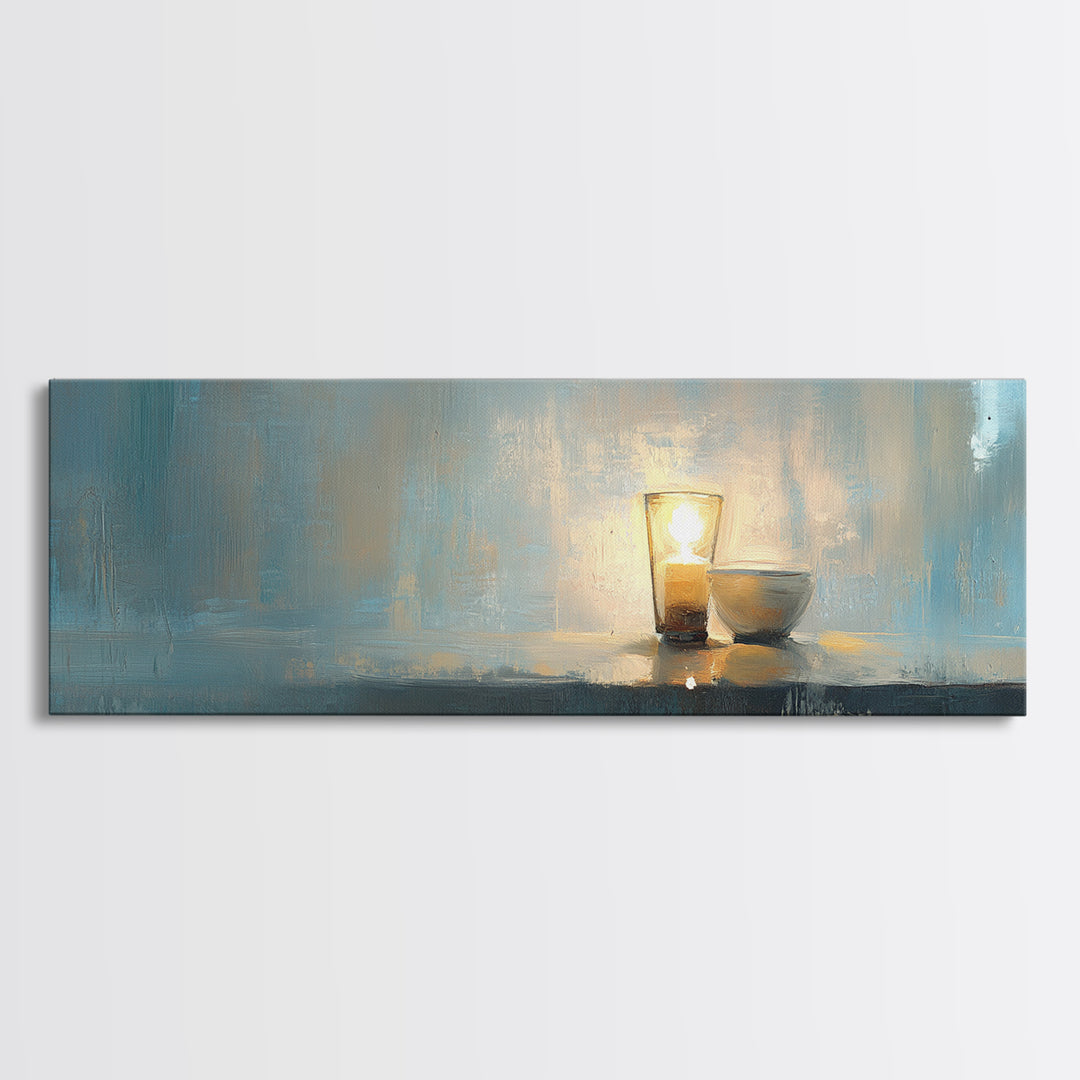Glowing Candle And Small Bowl Minimalist Wall Art, Blue Wabi Sabi Home Decor, Calming Canvas Print, Zen Dining Room Decor