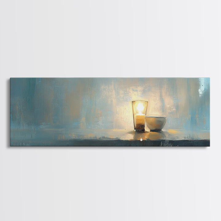 Glowing Candle And Small Bowl Minimalist Wall Art, Blue Wabi Sabi Home Decor, Calming Canvas Print, Zen Dining Room Decor