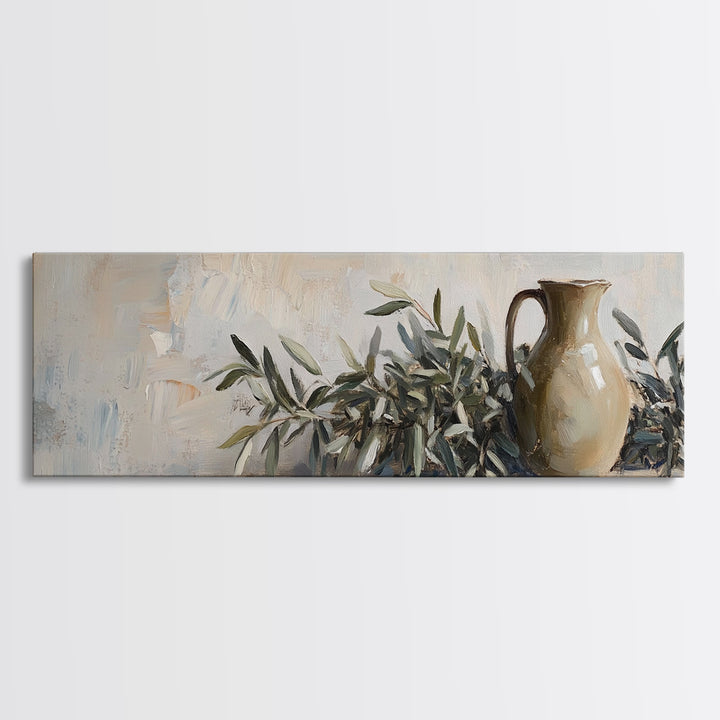 Olive Branches And Clay Pitcher Wall Art, Mediterranean Canvas Print, Rustic Kitchen Decor, Neutral Botanical Home Decor
