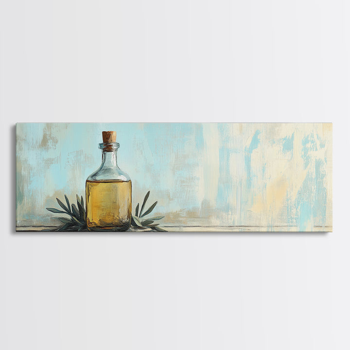 Amber Bottle And Green Leaves Wall Art, Minimalist Still Life Canvas Print, Rustic Kitchen Decor, Modern Farmhouse Home Decor