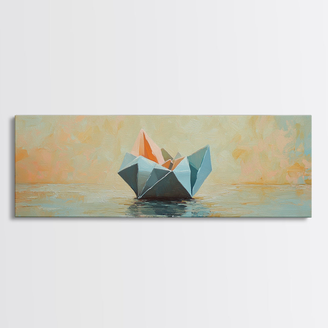 Origami Paper Boat On Calm Water Canvas Print, Coastal Wall Art, Nautical Home Decor, Beach House Living Room Decor, Above Sofa Art