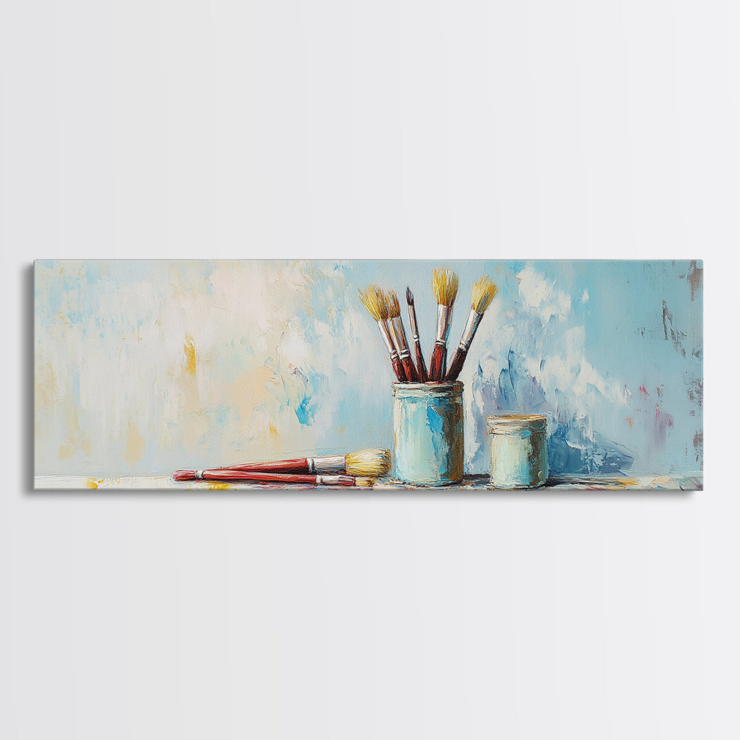 Blue Jars With Artist Brushes Canvas Print, Paint Studio Wall Art, Creative Office Decor, Modern Gallery Wall Art Print, Gift For Art Lover
