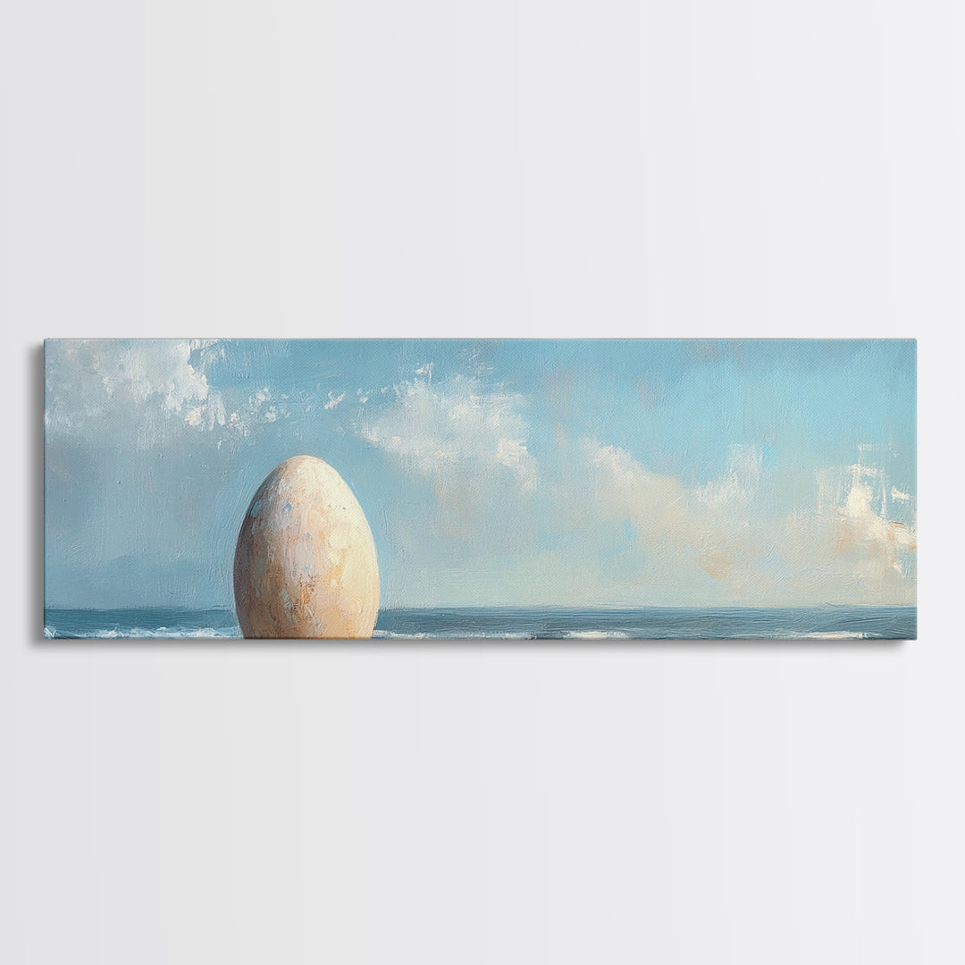Large Egg On Quiet Shore Canvas Print, Surreal Beach Wall Art, Coastal Home Decor, Modern Seascape Living Room Decor, Ocean Art