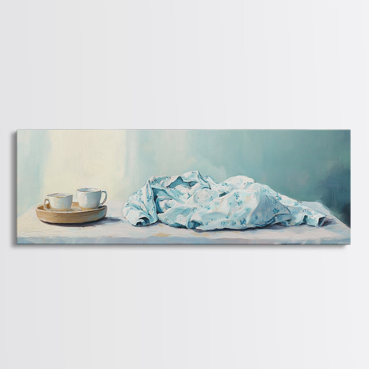 White Tea Cups And Blue Draped Cloth Canvas Print, Serene Still Life Wall Art, Minimalist Kitchen Decor, Cozy Home Decor