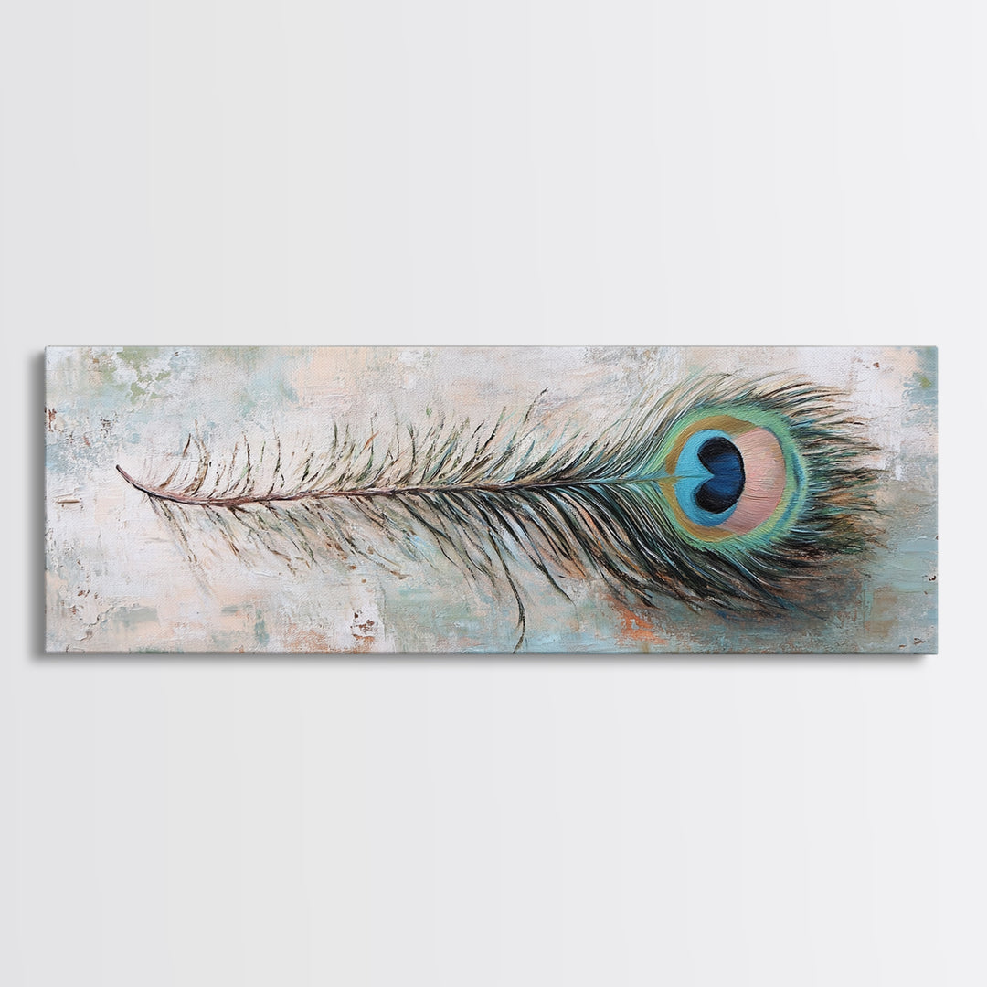 Peacock Feather On Distressed Blue Texture Wall Art, Long Horizontal Canvas, Rustic Coastal Decor, Boho Nature Print, Gift For Her