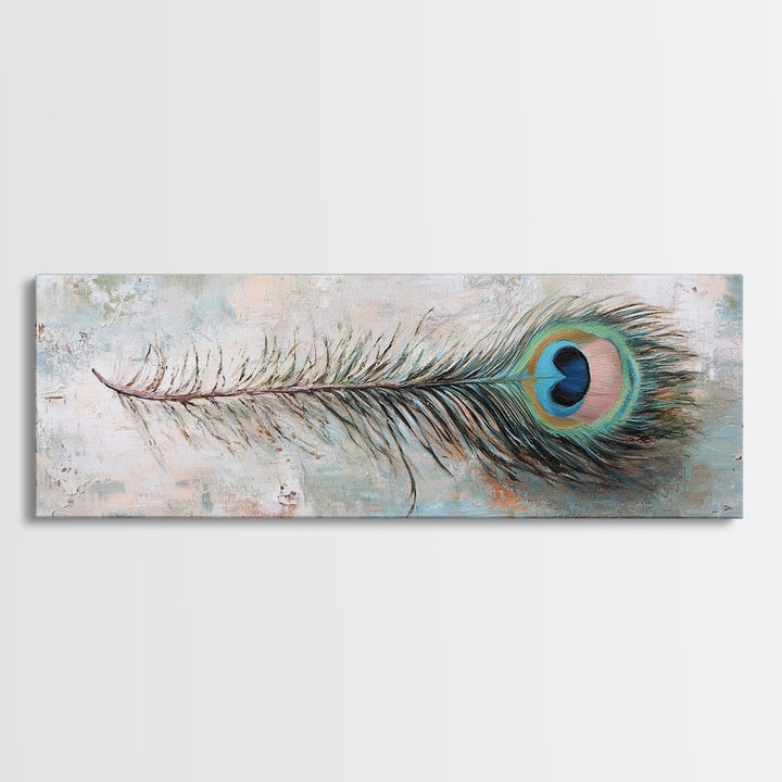 Peacock Feather On Distressed Blue Texture Wall Art, Long Horizontal Canvas, Rustic Coastal Decor, Boho Nature Print, Gift For Her