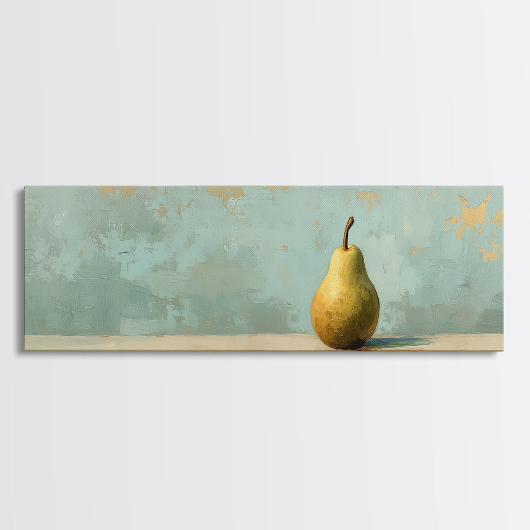 Golden Pear Still Life On Soft Teal Wall Art, Rustic Kitchen Decor, Farmhouse Dining Room Print, Housewarming Gift, Modern Home Decor