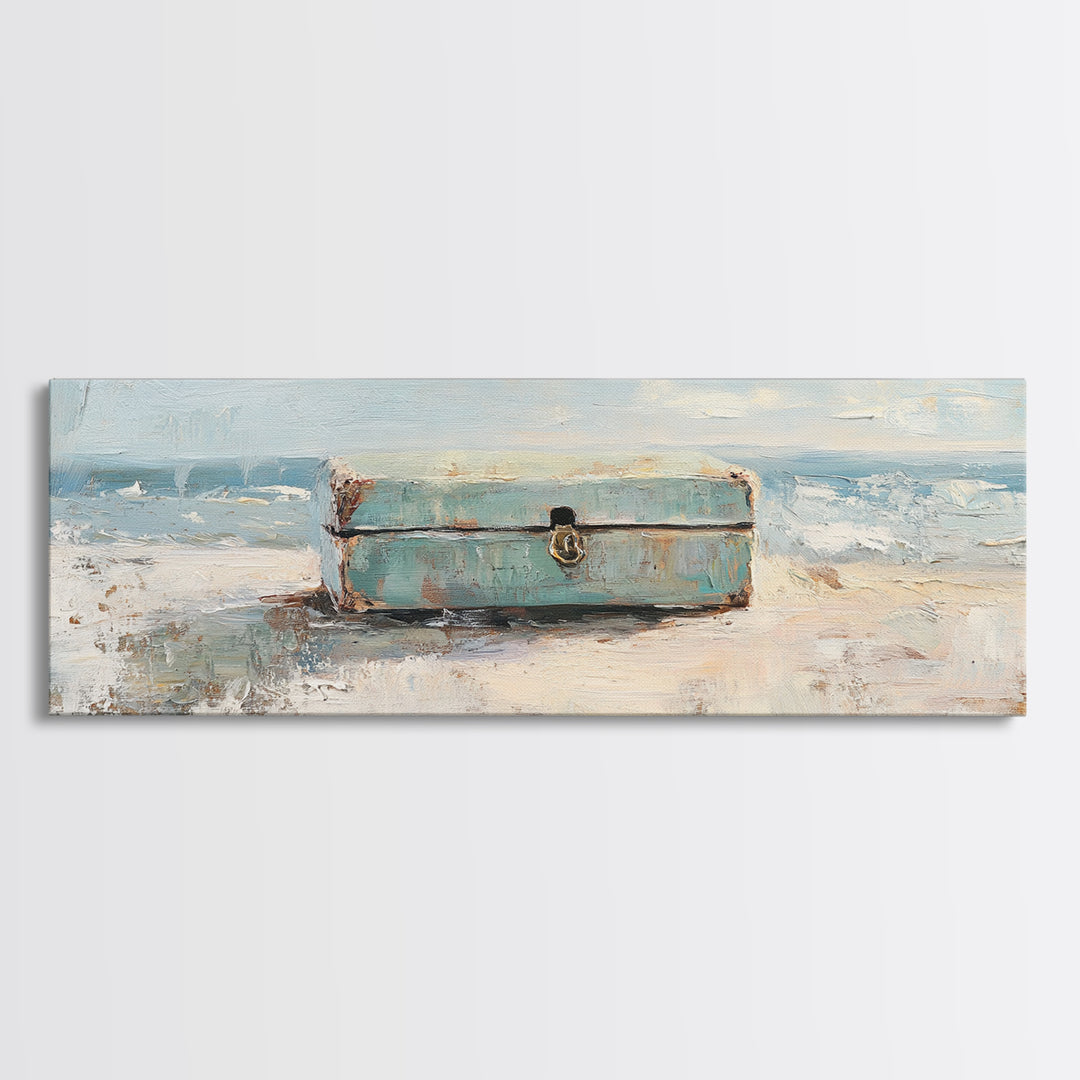 Weathered Blue Trunk On Sandy Beach Canvas Print, Coastal Wall Art, Ocean Seascape Decor, Nautical Housewarming Gift, Beach House Decor