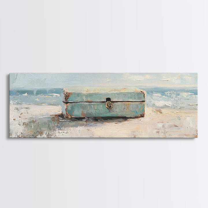 Weathered Blue Trunk On Sandy Beach Canvas Print, Coastal Wall Art, Ocean Seascape Decor, Nautical Housewarming Gift, Beach House Decor