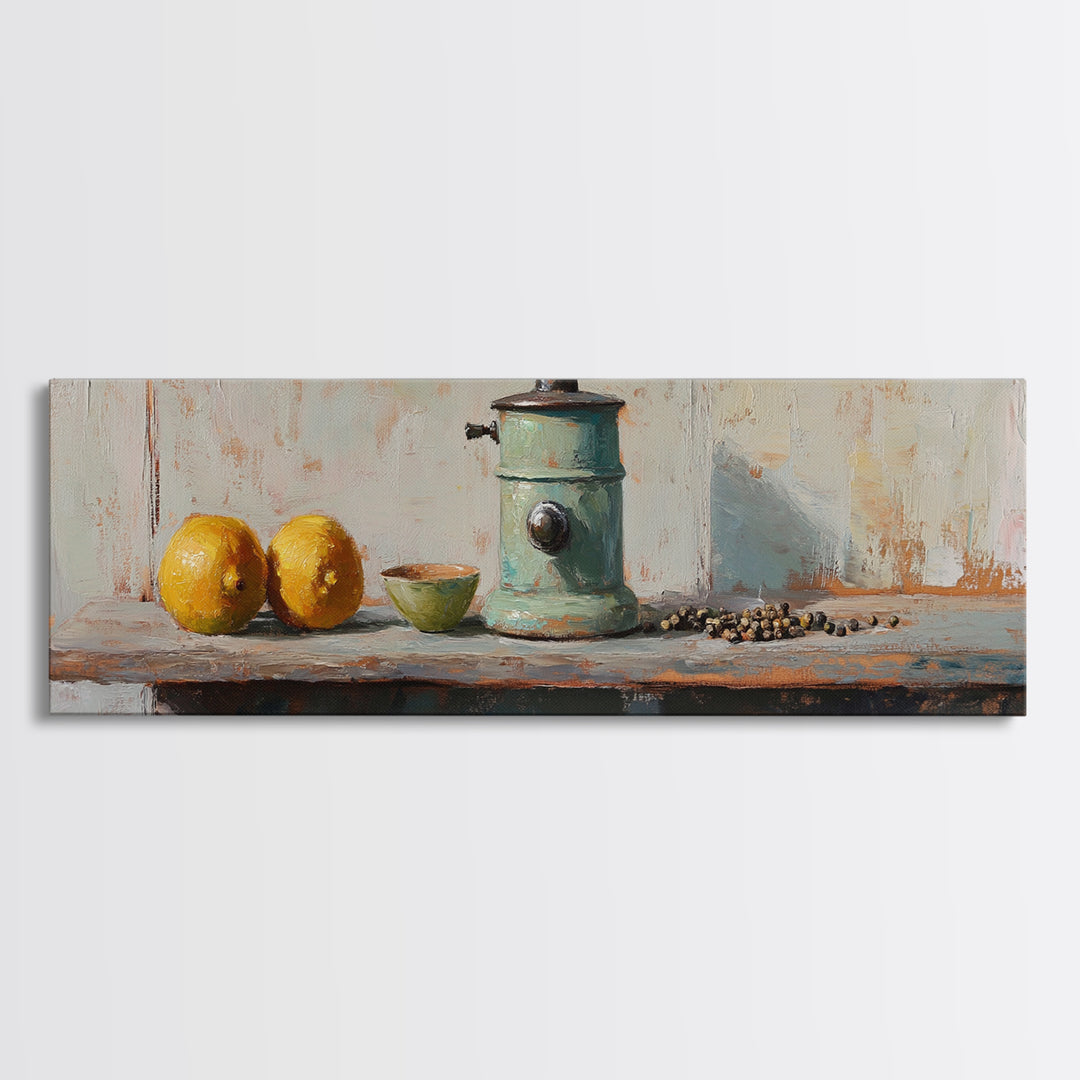 Rustic Coffee Grinder With Lemons Still Life Canvas Print, Kitchen Wall Art, Farmhouse Decor, Food Lover Housewarming Gift