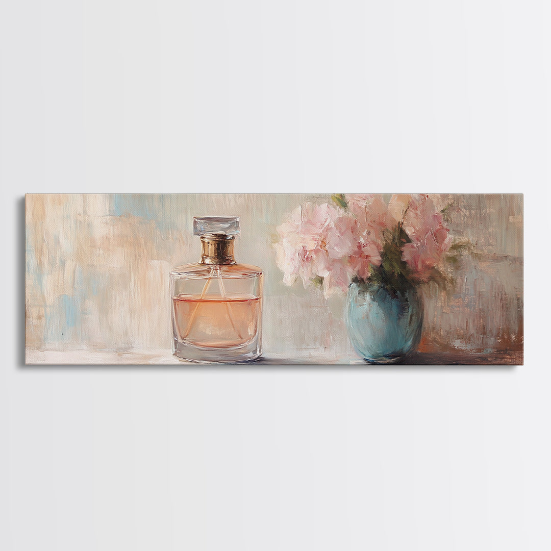 Perfume Bottle And Pink Flowers Framed Canvas Print, Feminine Wall Art, Vanity Decor, Romantic Bedroom Gift For Her, Coquette Prints