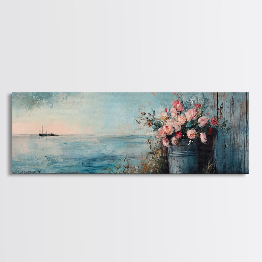 Blue Seascape With Flower Bucket Wall Art, Coastal Canvas Print, Beach House Decor, Ocean Landscape Housewarming Gift, Living Room Art