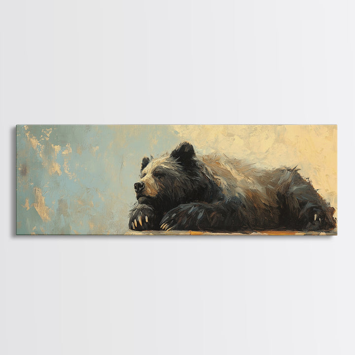 Resting Black Bear Oil Painting Framed Canvas Print, Rustic Wildlife Wall Art, Cabin Decor, Nature Lover Gift, Large Living Room Decor