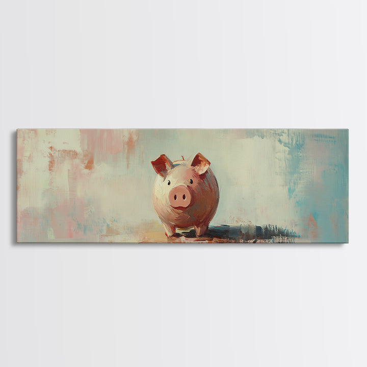 Pink Piggy Bank Oil Painting Canvas Print, Whimsical Wall Art, Cute Nursery Decor, Kids Room Art, Housewarming Gift, Fun