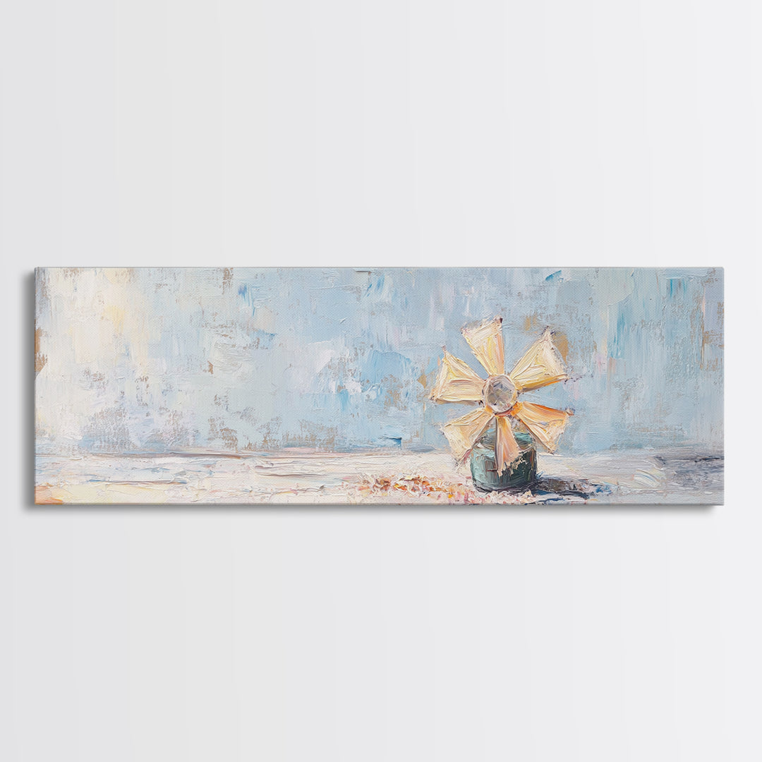 Pastel Paper Pinwheel Toy Framed Canvas Print, Whimsical Wall Art, Kids Room Decor, Nursery Art, Soft Blue Home Decor, Gift