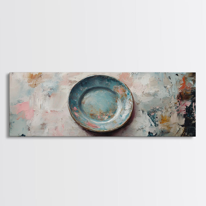 Weathered Blue Plate Wall Art, Minimalist Still Life Painting, Rustic Kitchen Decor, Textured Canvas Print For Dining Room