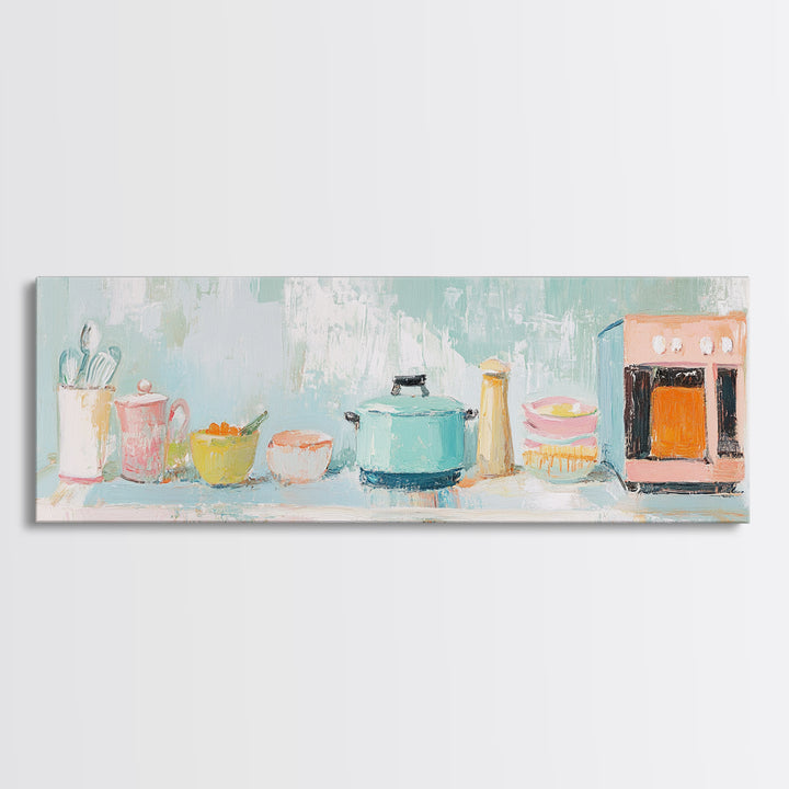 Pastel Kitchen Counter Canvas Print, Cozy Kitchen Wall Art, Modern Farmhouse Decor, Whimsical Cooking Art For Dining Room