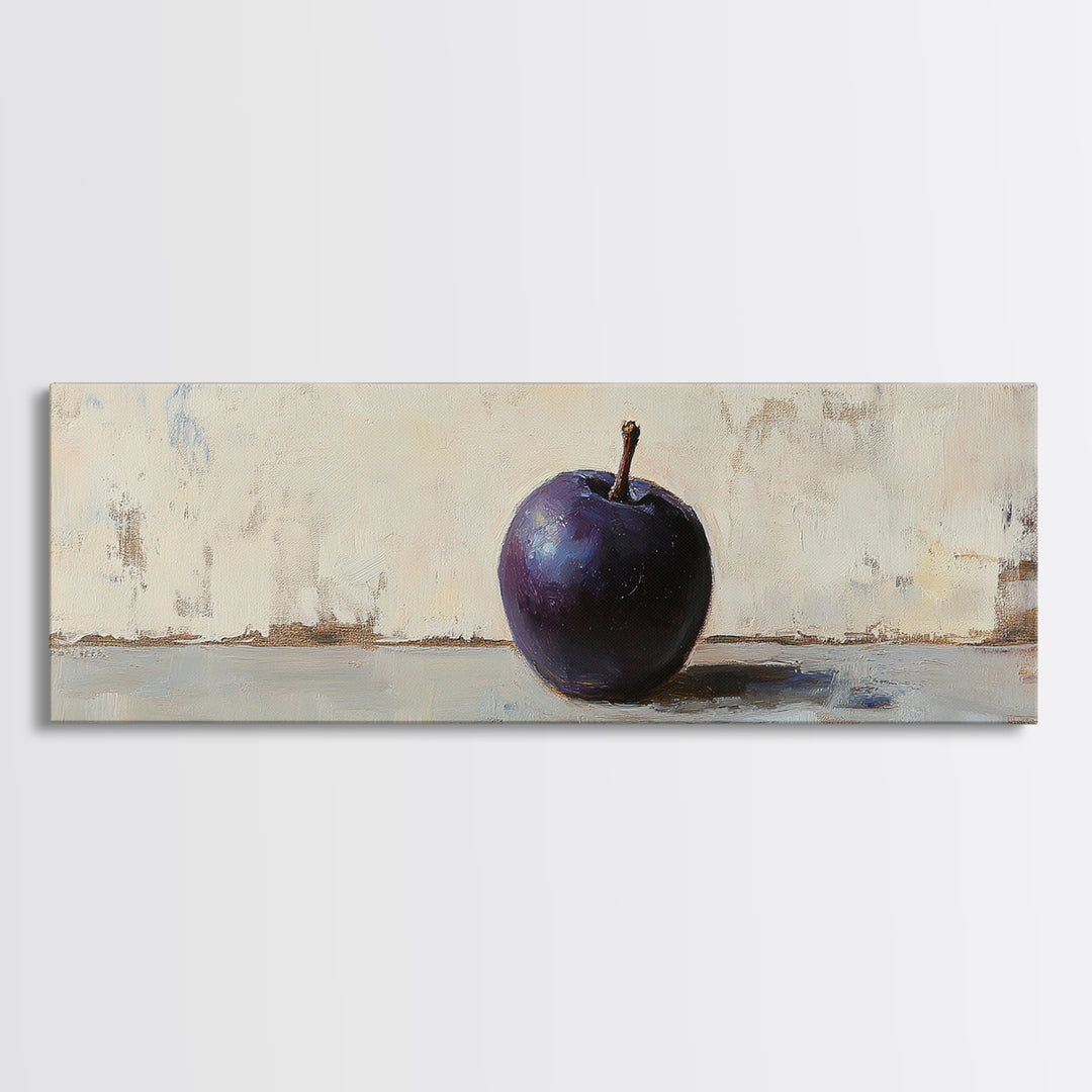 Single Purple Plum Still Life Wall Art, Minimalist Kitchen Decor, Moody Fruit Painting, Rustic Canvas Print For Dining Room