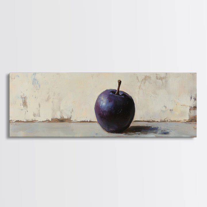 Single Purple Plum Still Life Wall Art, Minimalist Kitchen Decor, Moody Fruit Painting, Rustic Canvas Print For Dining Room