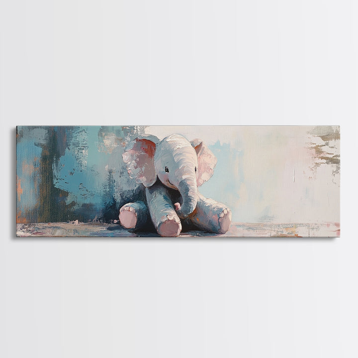 Soft Stuffed Elephant Wall Art, Nursery Animal Art, Baby Room Decor, Whimsical Canvas Print For Kids Room And Baby Shower