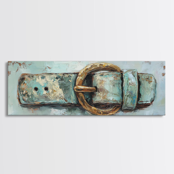 Weathered Turquoise Belt Buckle Wall Art, Western Cowboy Canvas Print, Rustic Farmhouse Decor, Man Cave And Entryway Decor