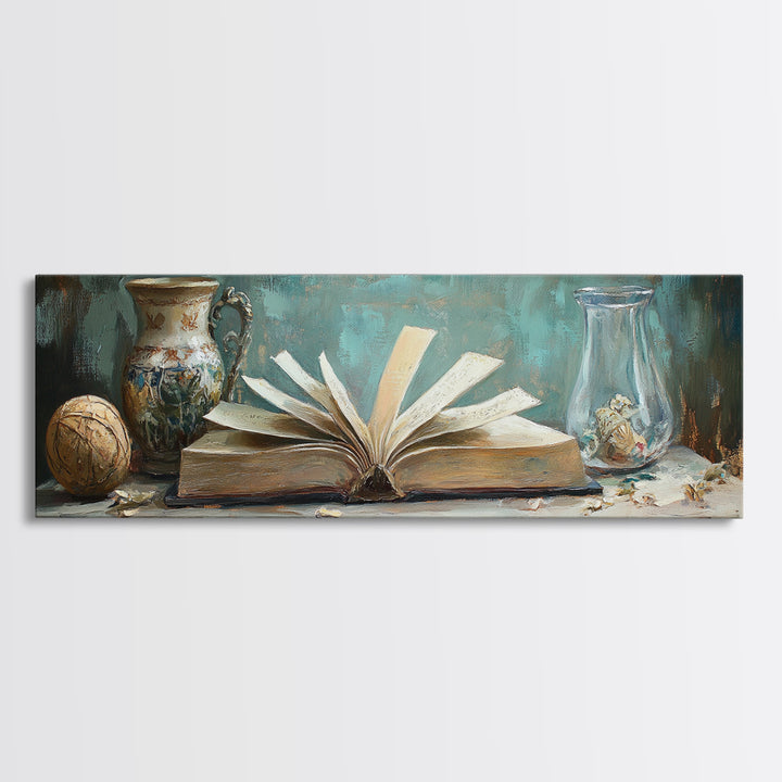 Open Antique Book With Vases Canvas Print, Dark Academia Wall Art, Literary Decor, Moody Library Reading Nook Home Decor