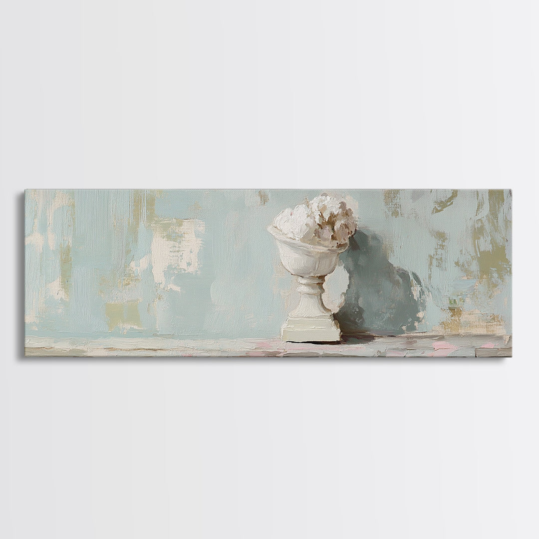 White Floral Urn Still Life Framed Canvas Print, Minimalist Wall Art, Neutral Calming Bathroom Decor, Wabi Sabi Home Decor
