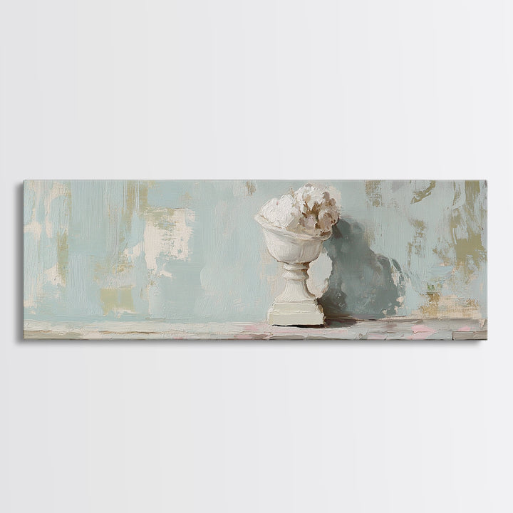 White Floral Urn Still Life Framed Canvas Print, Minimalist Wall Art, Neutral Calming Bathroom Decor, Wabi Sabi Home Decor