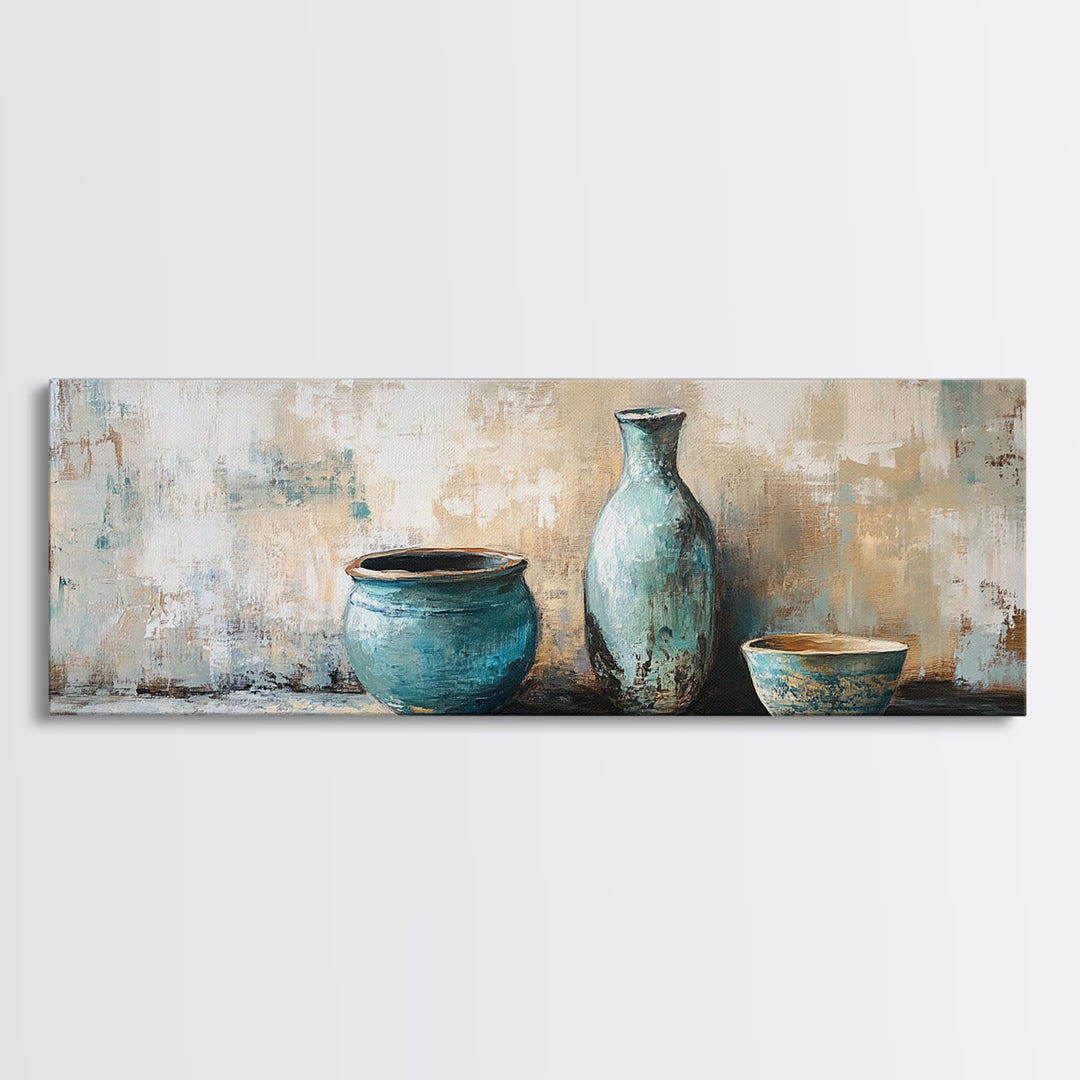 Turquoise Ceramic Vessels Still Life, Rustic Neutral Framed Canvas Print, Kitchen Wall Art, Modern Farmhouse Housewarming Gift