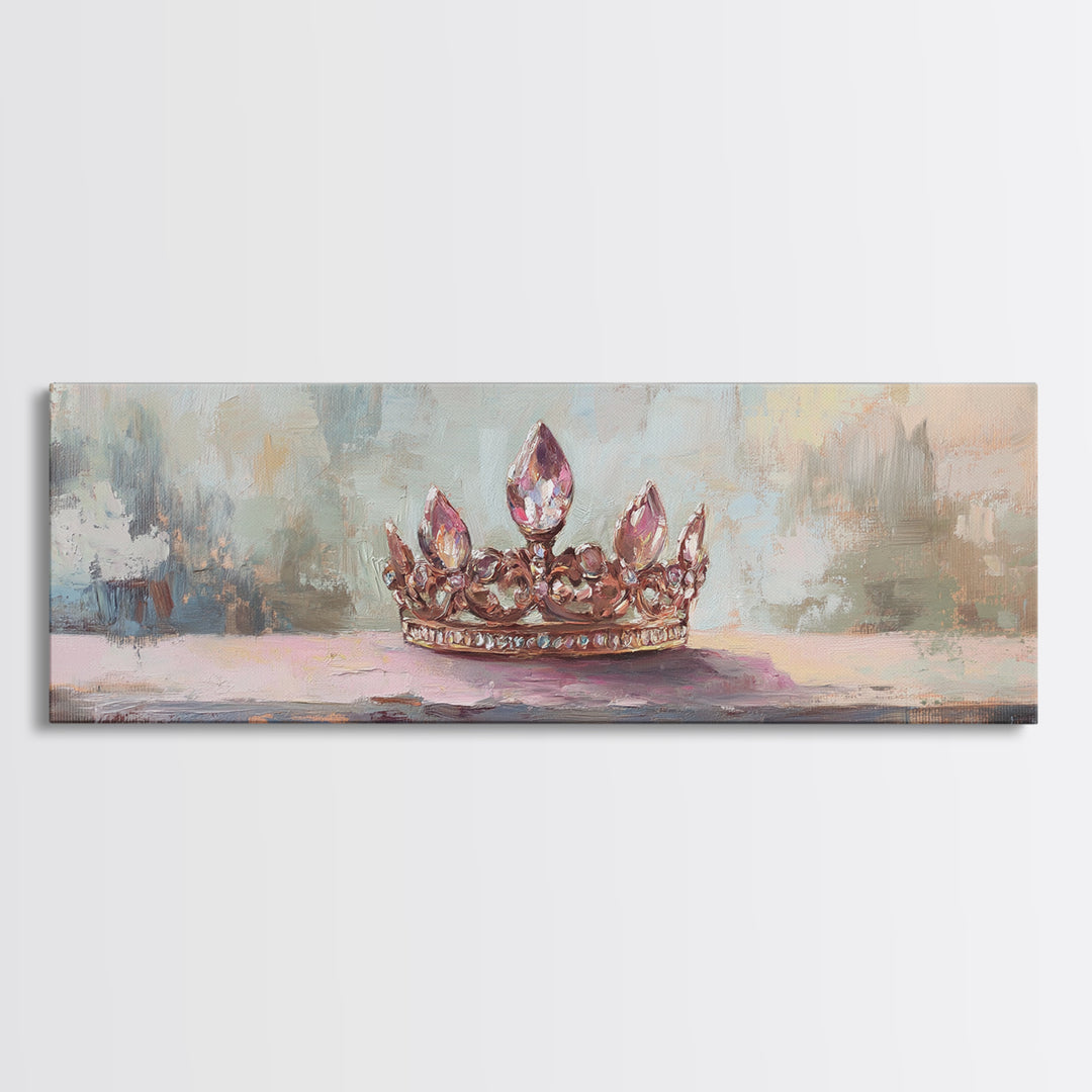 Jeweled Princess Crown Still Life Framed Canvas Print, Feminine Wall Art, Romantic Bedroom Decor, Coquette Room Decor Gift For Her