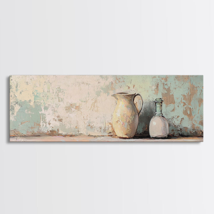 Cream Pitcher And Glass Bottle Still Life Canvas Print, Rustic Farmhouse Wall Art, Neutral Kitchen Decor, Housewarming Gift