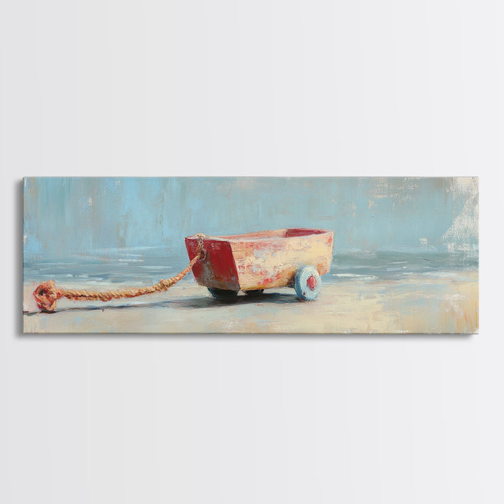 Small Red Toy Boat With Rope Framed Canvas Print, Nautical Wall Art, Coastal Nursery Decor, Beach House Gift For Kids Room Decor