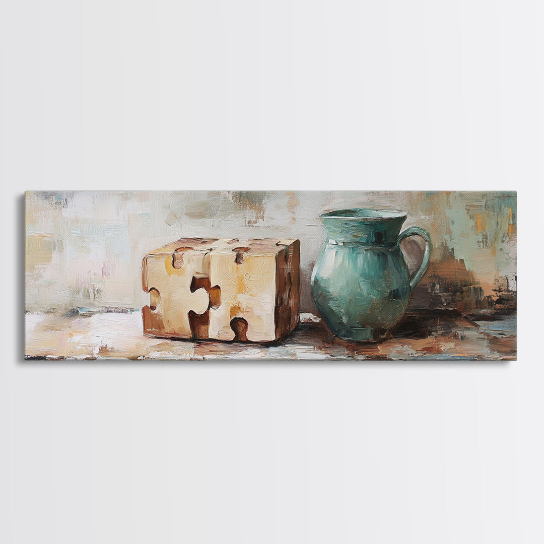 Teal Pitcher And Puzzle Pieces Still Life Canvas Print, Rustic Wall Art, Quirky Kitchen Decor, Unique Housewarming Gift For Her