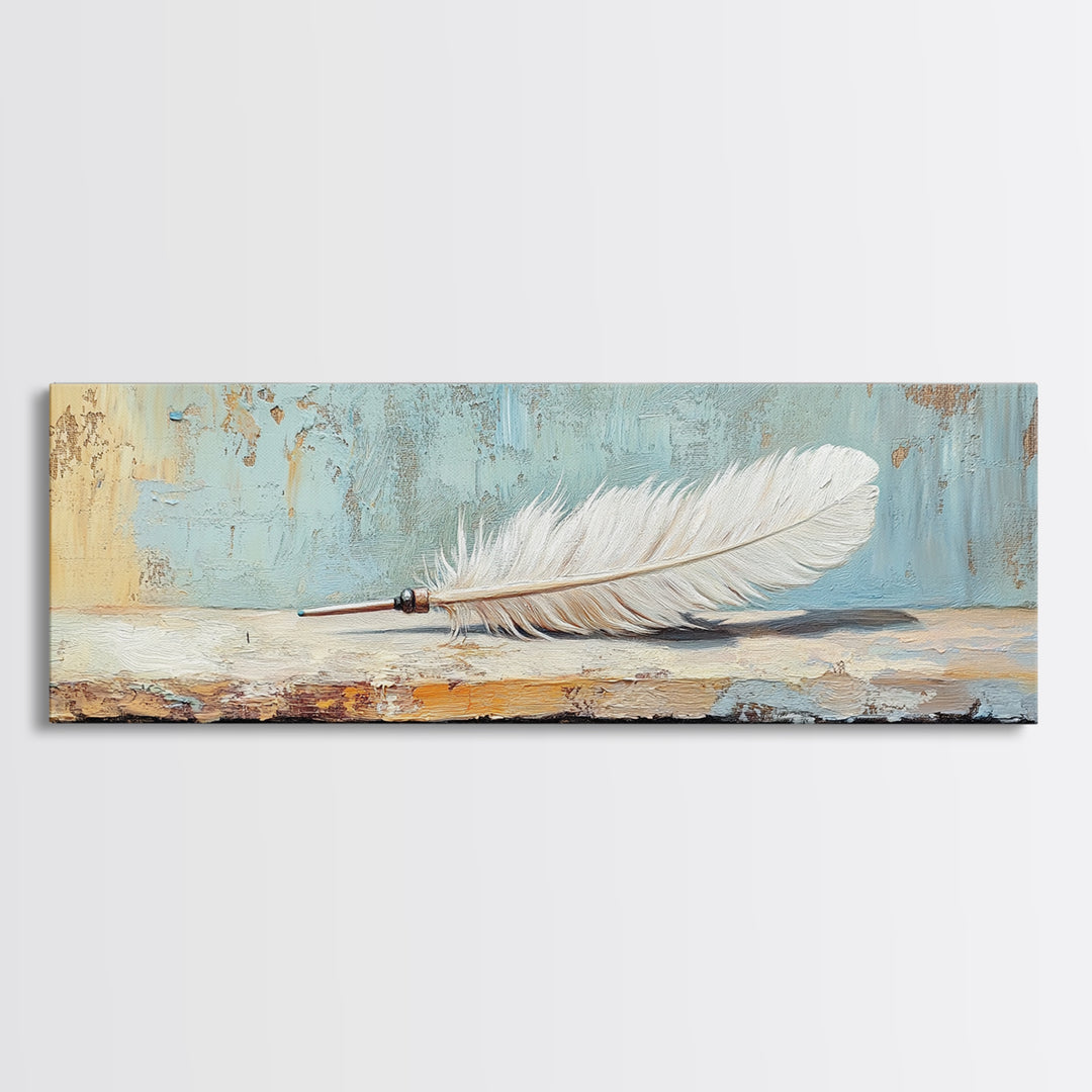 White Feather Still Life On Blue Canvas Print, Boho Wall Art, Minimalist Nature Decor, Peaceful Bedroom Decor Gift For Her