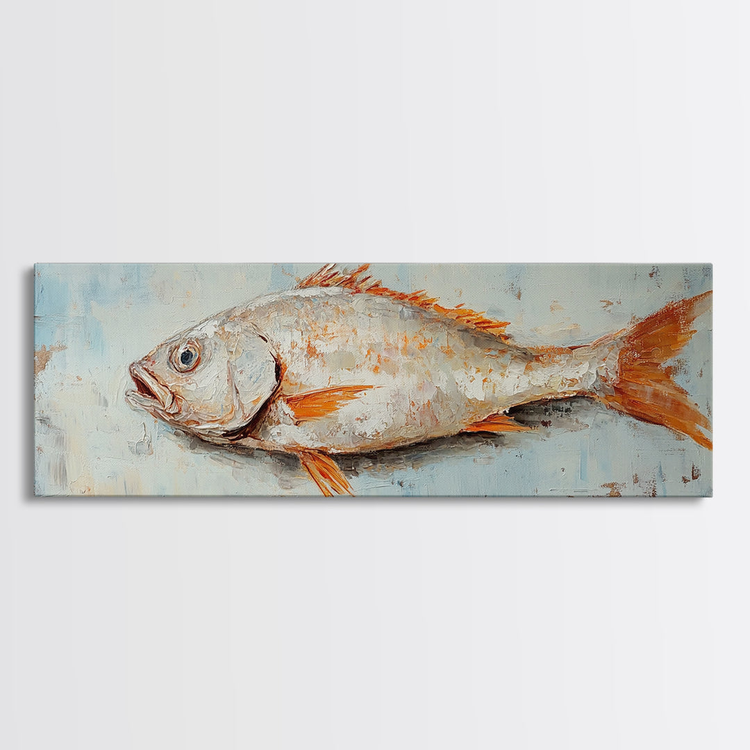 Textured Silver Fish Coastal Wall Art, Nautical Kitchen Decor, Seafood Painting Print, Beach House Ocean Art, Rustic Canvas