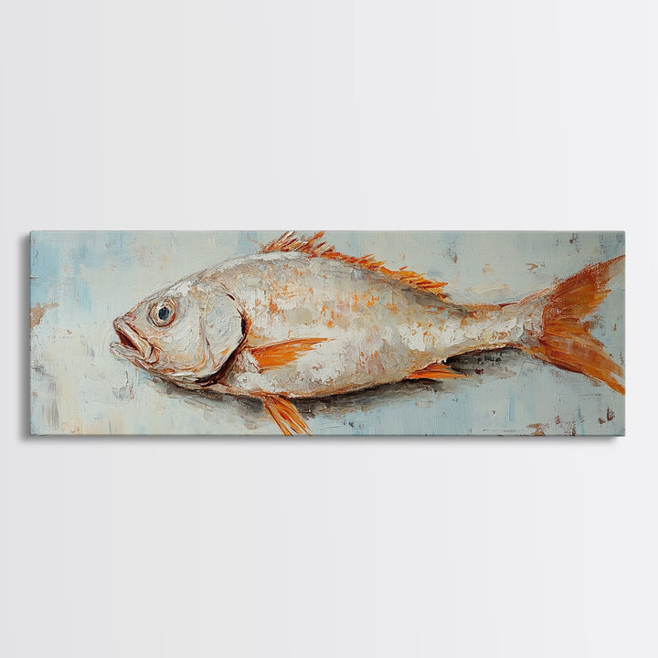 Textured Silver Fish Coastal Wall Art, Nautical Kitchen Decor, Seafood Painting Print, Beach House Ocean Art, Rustic Canvas