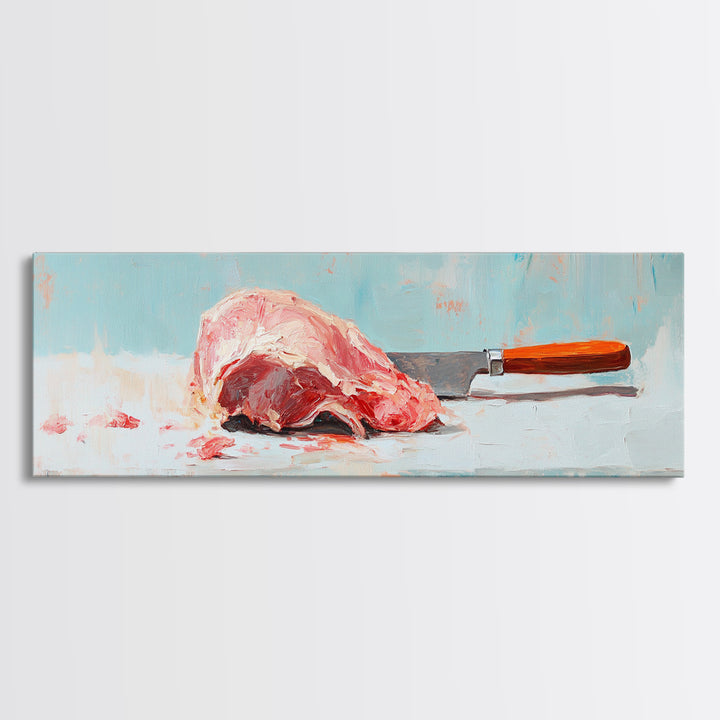 Pink Steak And Knife Kitchen Canvas Print, Butcher Shop Wall Decor, Foodie Gift, Rustic Still Life Art For Dining Room Decor